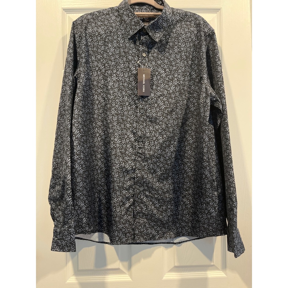 Michael Kors Mens Slim Fit Floral Button Down Shirt Black Blue XL Long Sleeve‎